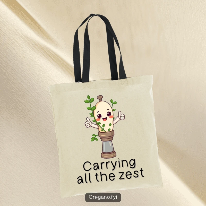 Funny Kawaii oregano sprig character giving a thumbs up while balancing on a pepper mill, a handy and humorous tote bag.