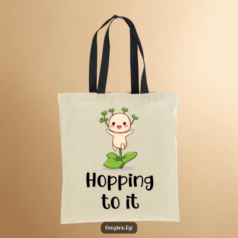 Funny tote bag with a super cute kawaii oregano character joyfully hopping on one leaf, ready for any adventure.