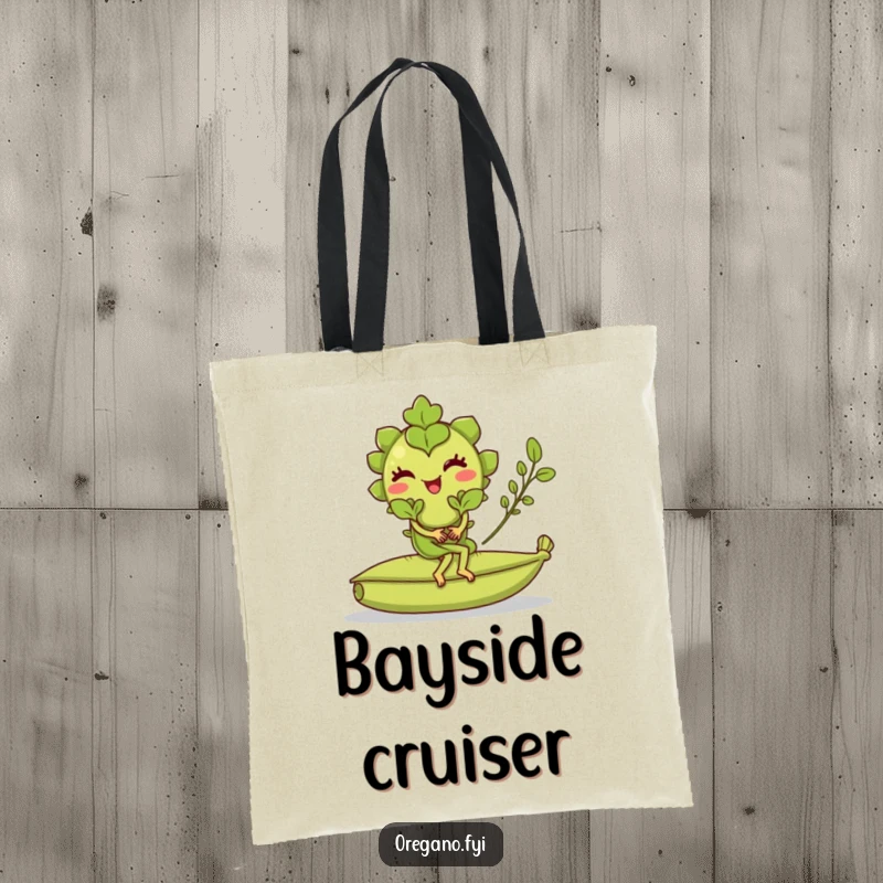 Funny tote bag with a winking oregano leaf character riding a rolling bay leaf, a humorous and practical accessory.