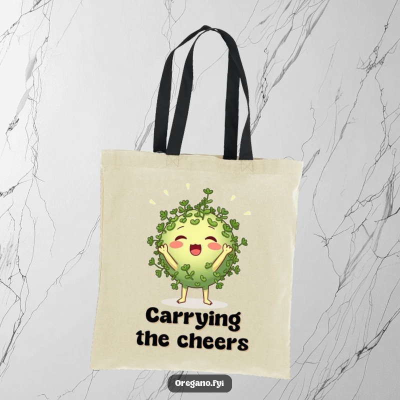 Funny round oregano character tote bag cheering loudly with tiny leaf-like pom-poms, stylish and humorous for everyday use.
