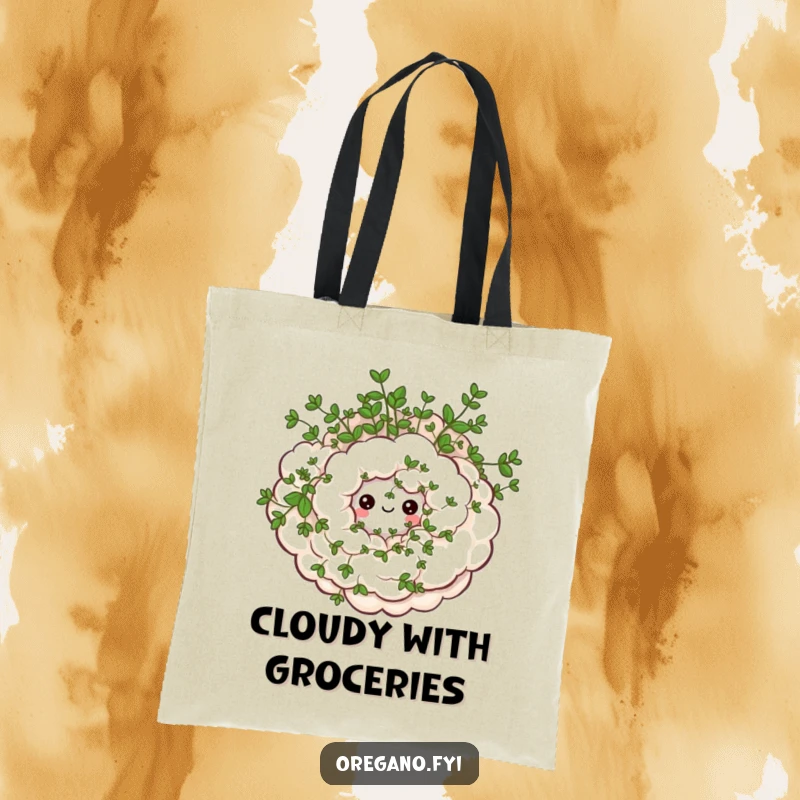 Funny tote bag with a swirling cloud of oregano and small, happy eyes, perfect for carrying groceries with a smile. Practical and fun.