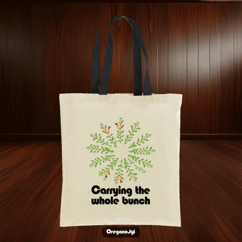 Funny tote bag: Happy oregano sprigs dance in a fragrant circular formation, a beautiful and fun design.