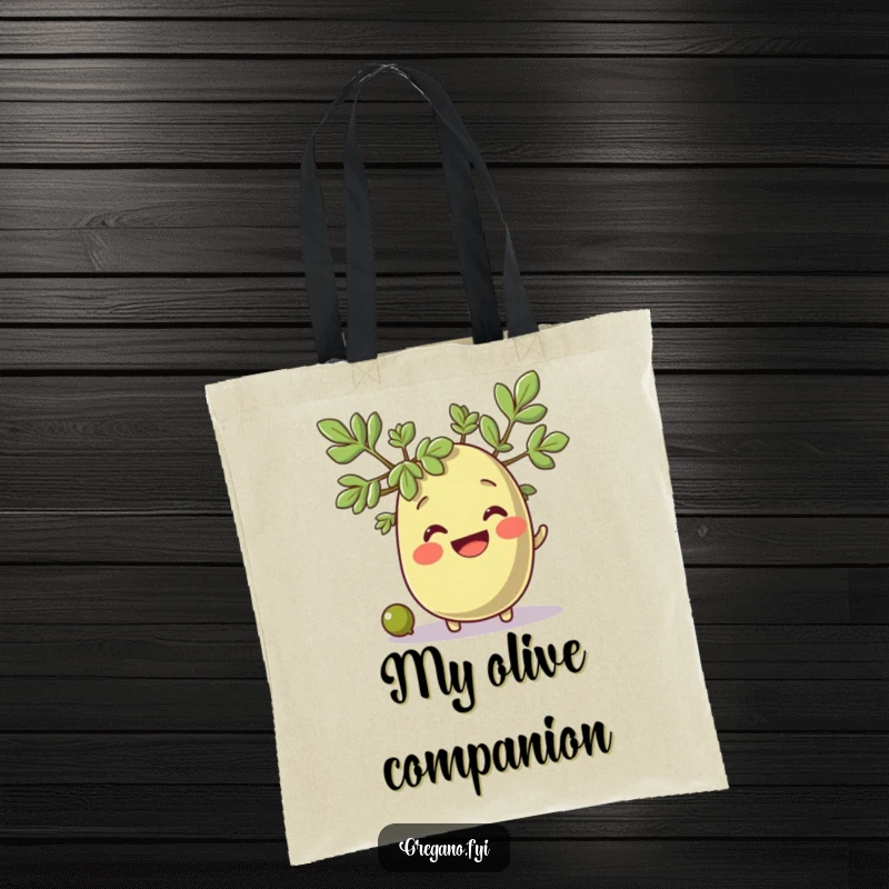 Funny oregano sprig character smiling as a small olive rolls by, a charming and humorous tote bag.