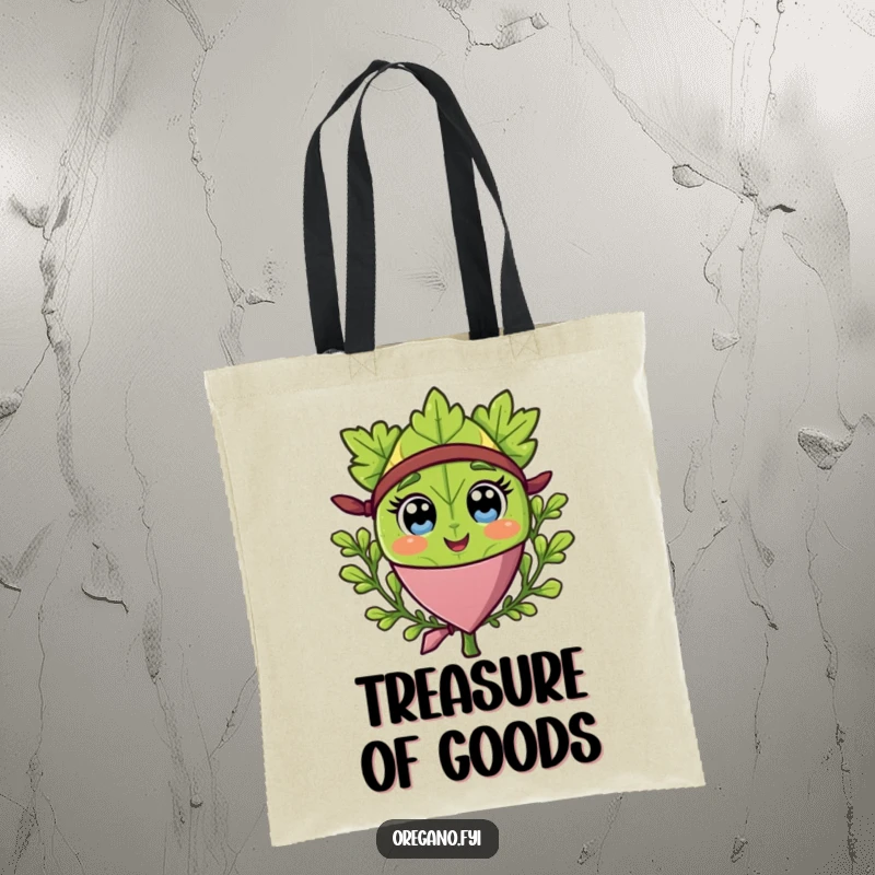Funny tote bag designed with a happy oregano leaf character wearing a pirate bandana, ready for treasure hunts.
