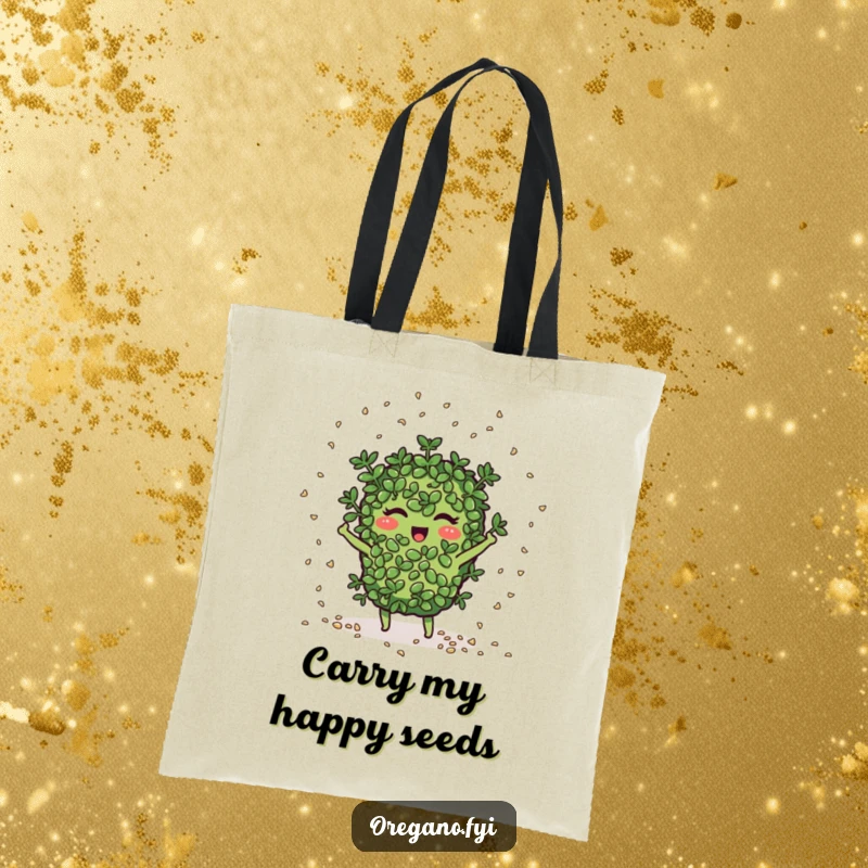 Funny oregano character joyfully scatters seeds like confetti, ideal for carrying garden essentials humorously.