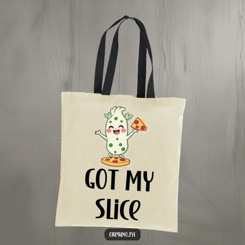 Funny tote bag featuring an oregano character dancing on a pizza slice, a whimsical and practical accessory for pizza fans.