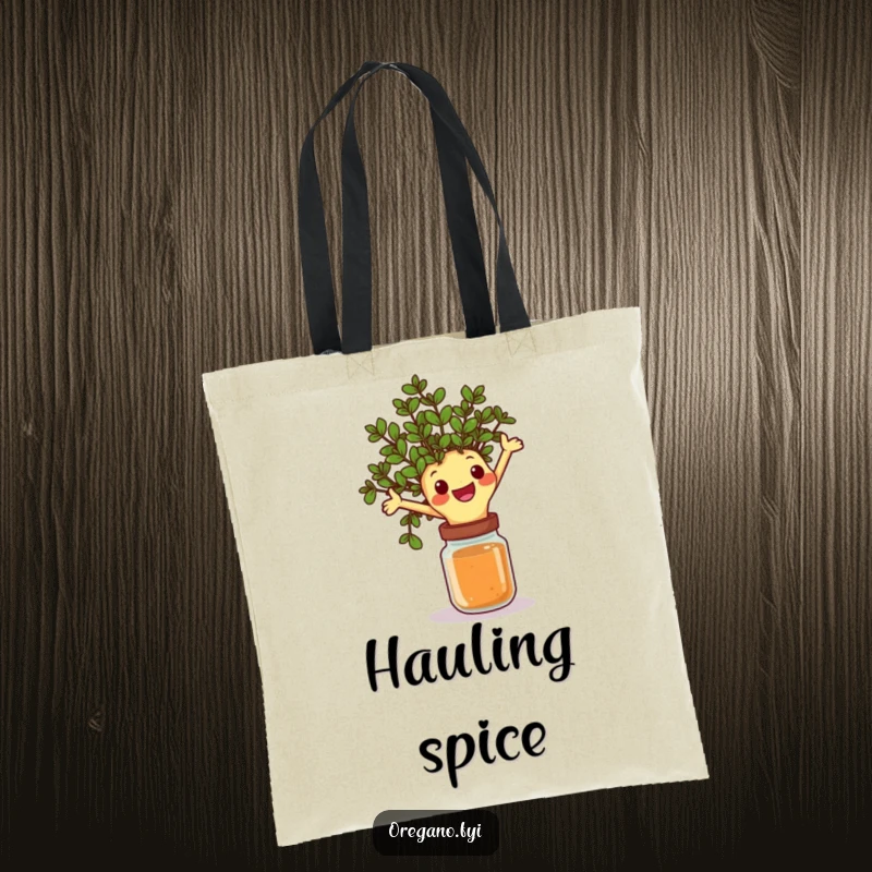 Funny tote bag featuring a happy oregano sprig character joyfully leaping over a spice jar, ideal for carrying essentials with flair.