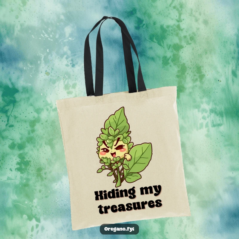 Funny tote bag: A mischievous oregano character winks from behind a basil leaf, suggesting a playful secret.