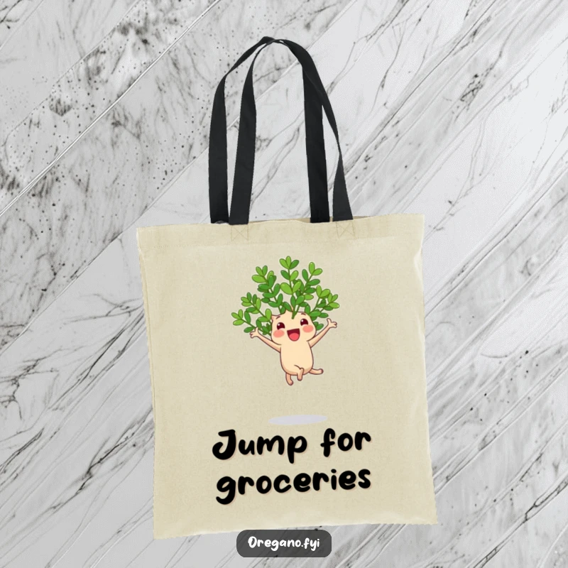 Funny tote bag with a cheerful oregano sprig mid-jump on a bouncy leaf, radiating happiness and energy.