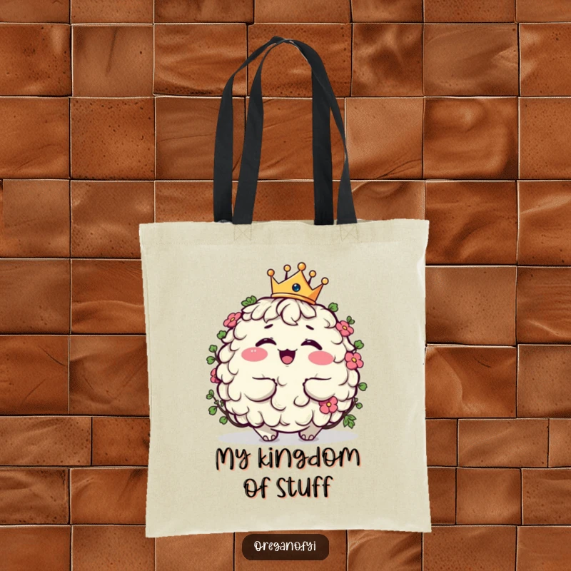 Funny plump oregano character tote bag giggling while wearing a tiny crown, stylish and humorous for everyday use.