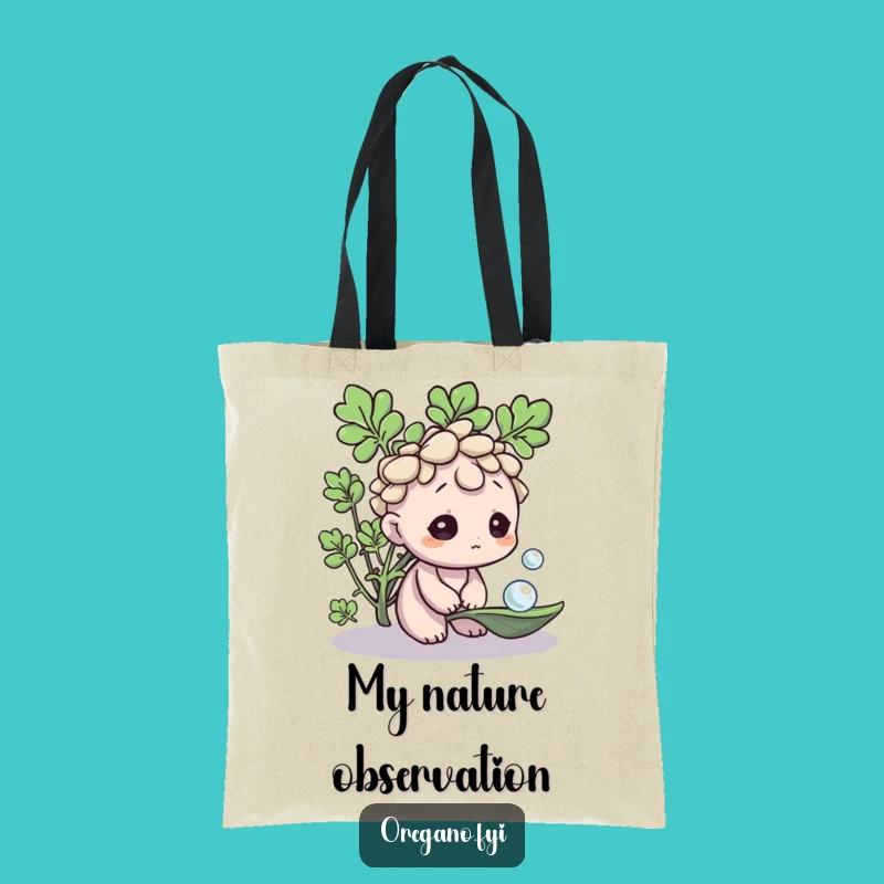 Funny Curious Oregano Tote Bag: Herb Character & Dewdrop - Perfect Gift!