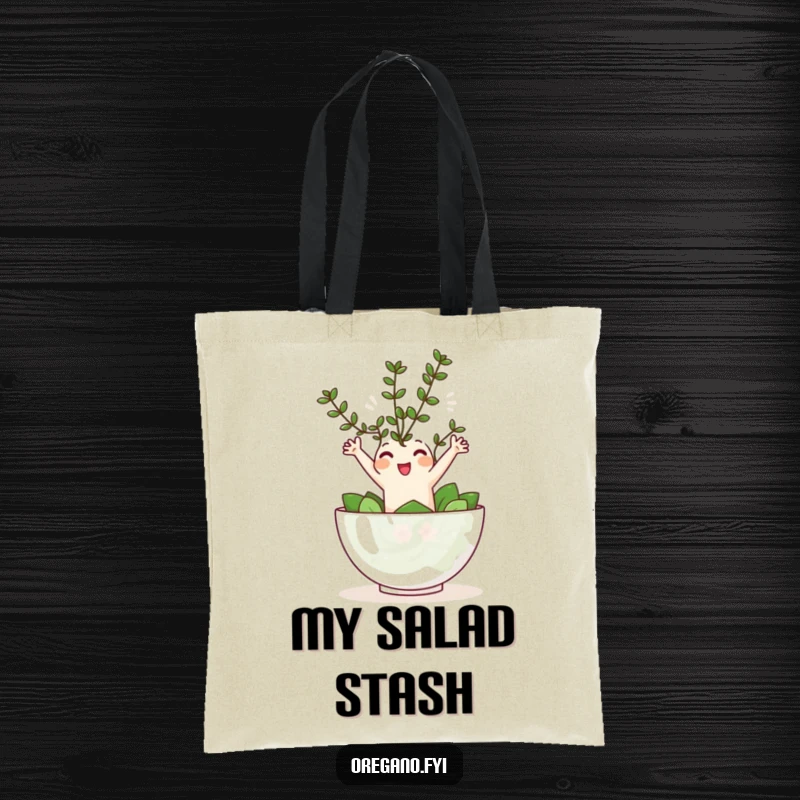 Funny Kawaii oregano sprig character joyfully leaping into a tiny salad bowl, a practical and humorous tote bag.