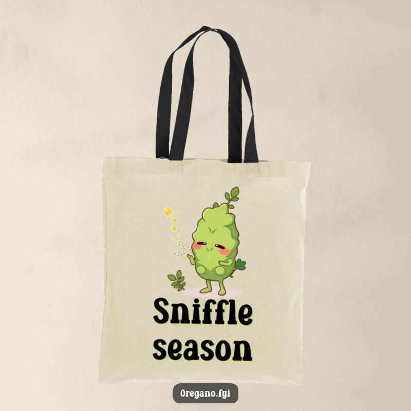 Funny tote bag with an oregano leaf character sneezing aromatic dust, an amusing spice-related carry-all accessory.
