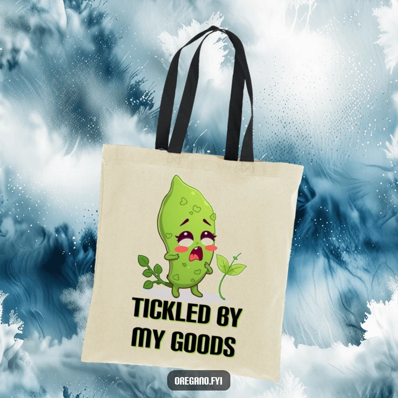 Funny tote bag illustrating an oregano leaf character surprised by a tiny basil leaf tickling it.
